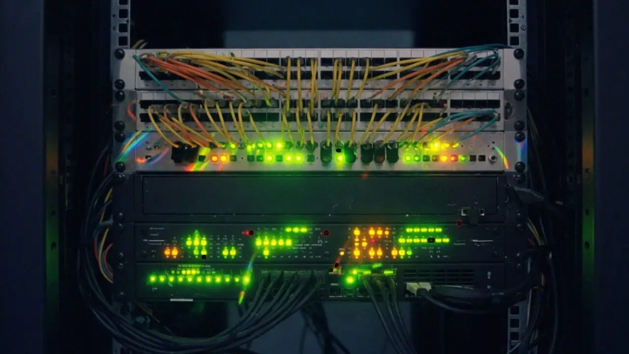 DDoS-Filter-Hardware in einem dunklen Rack, grüne und bernsteinfarbene Statuslichter, die blinken wie live Paketverkehr.